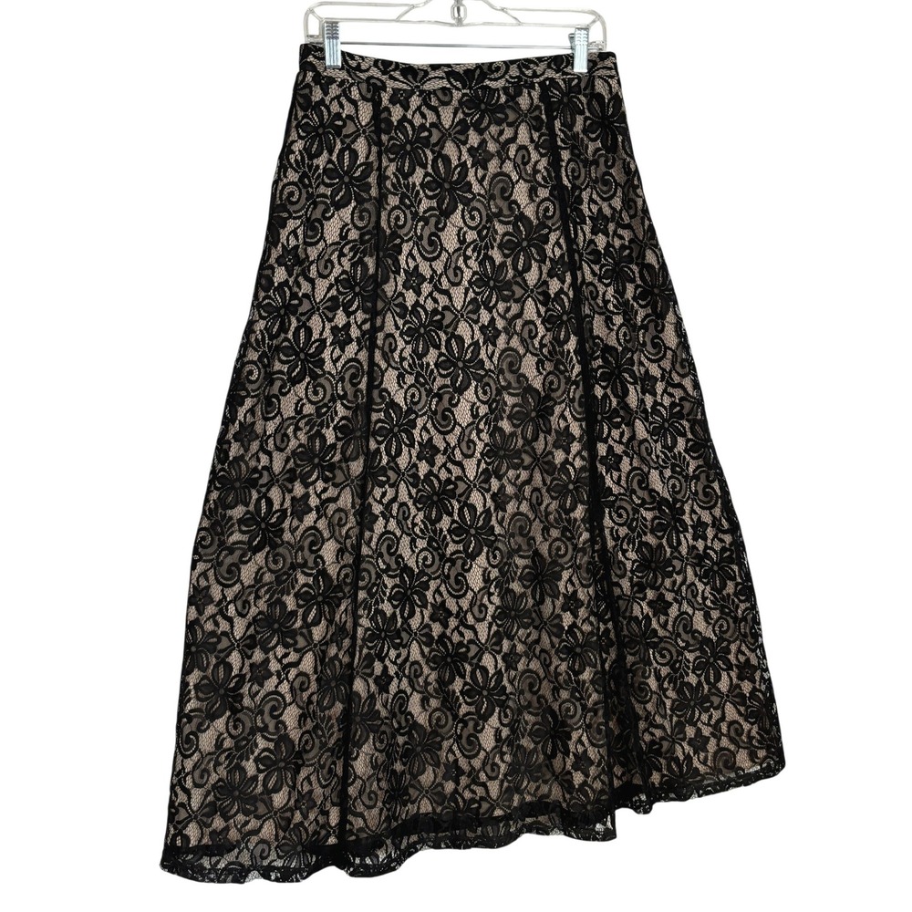 CJ Banks Black Lace Midi Skirt with Nude Lining